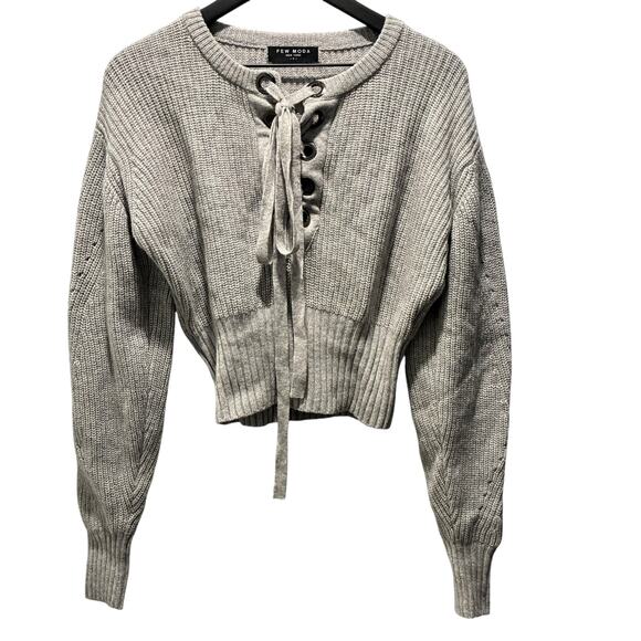 Few Moda New York Sweaters - Few Moda New York Sweater Wool Blend Knit Lace Up Tie Front Gray Womens Small